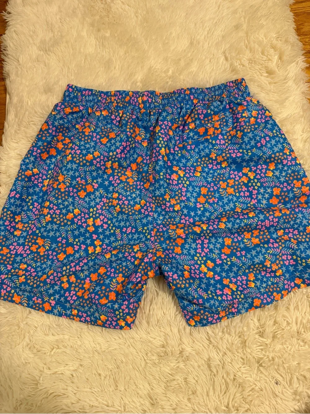 Kulani Kinis Blue Floral Swim Trunks with Orange & Pink Accents